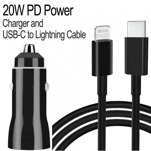Wholesale iPhone IOS 8PIN Lightning, iPad, Airpods 2in1 20W PD Fast Power Delivery Charger with 3FT USB-C to Lightning Cable (Car - Black)